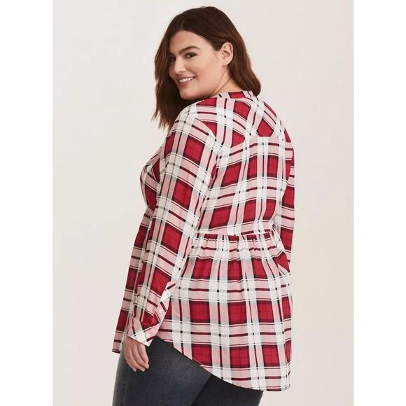 Torrid Emma Tunic Womens 3X Red Pink Plaid Babydoll Challis Button-Front Top - Picture 5 of 10